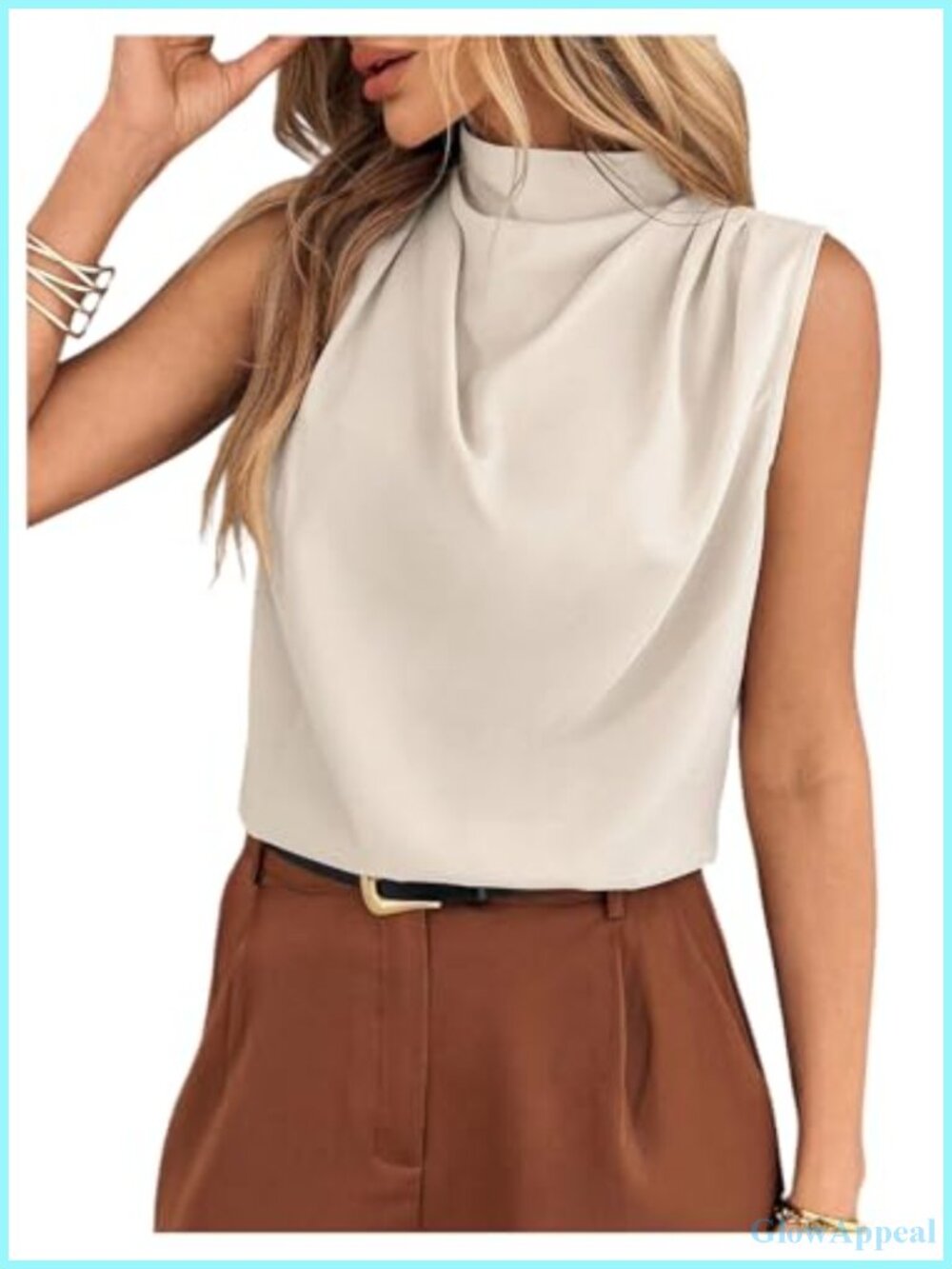 Women's Mock Neck Sleeveless Draped Ruched Satin Blouse Business Casual Top